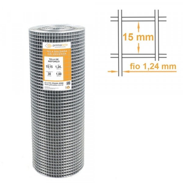 Tela Soldada Galvanizada Malha 15x15 mm Fio 1,24mm Alt. 1,00m - PREÇO P/ METRO