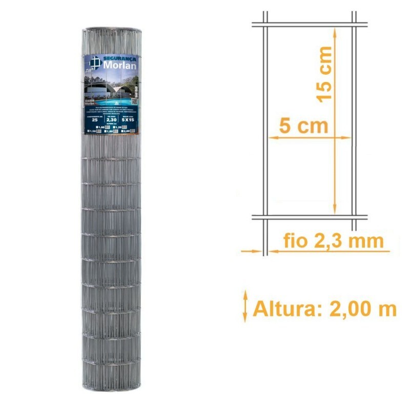 Tela Soldada Segurança Galv. ZN3 Malha 15x5cm Fio 2,30mm MORLAN - 2,00x25m