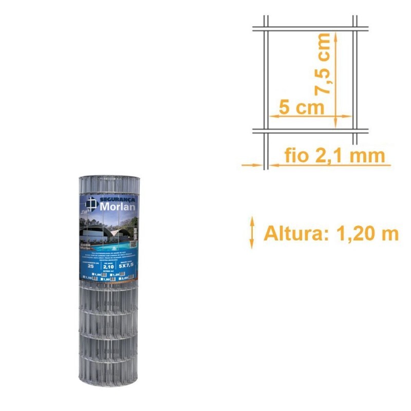 Tela Soldada Segurança Galv. ZN3 7,5x5 cm fio 2,10mm MORLAN - 1,20x25m