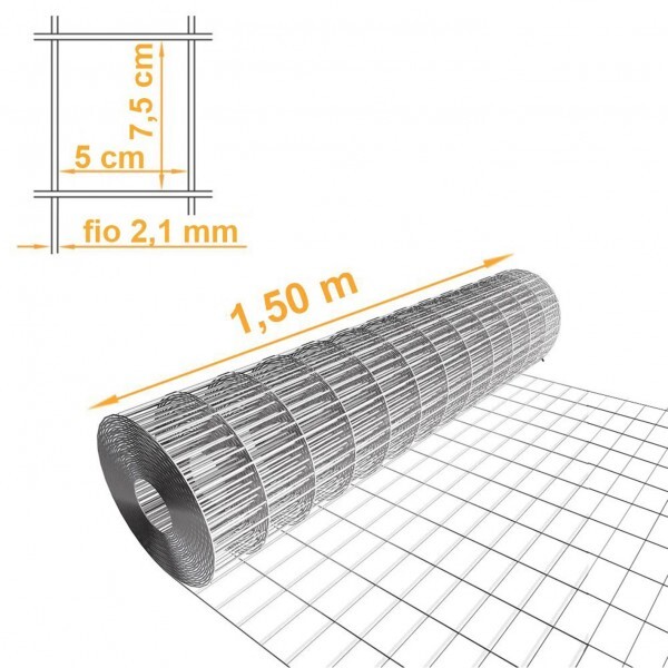 Tela Soldada Segurança Galv. ZN3 7,5x5 cm fio 2,10mm MORLAN Alt. 1,50m - PREÇO POR METRO